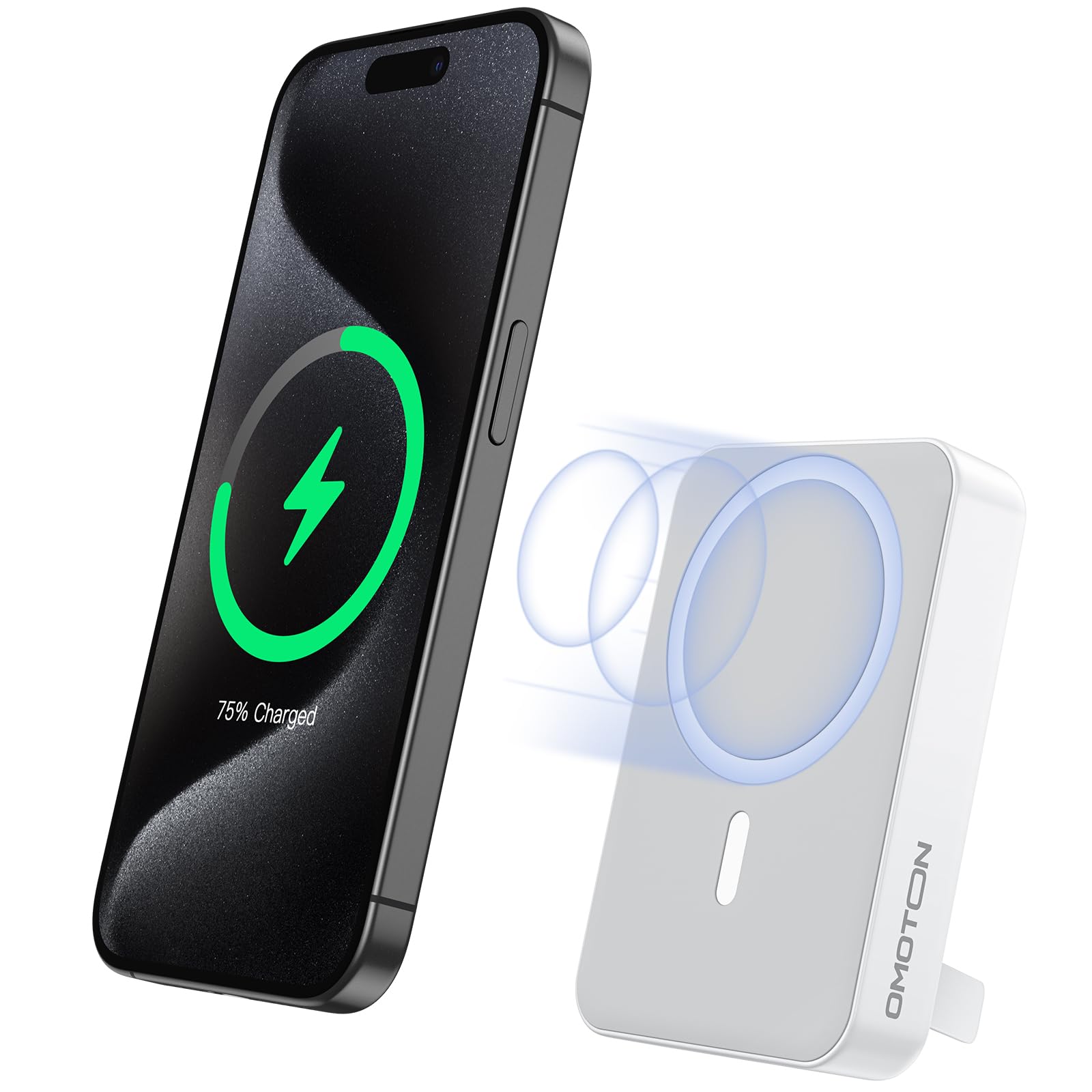 Photo 1 of OMOTON Portable Charger Power Bank - 10000mAh Magnetic Fast Charging Battery Pack for iPhone (Above 11 Series), LED Display Indicators and Foldable Stand- Gray White