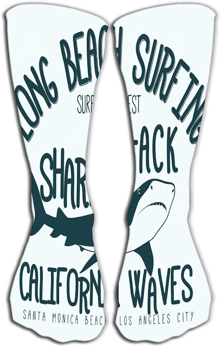Thin High Socks High Graduated Compression Long Socks For Men's Women And Girls 19.7"(50cm) surfing graphic design shark attack long beach stamp california surfers wear typography emblem creative