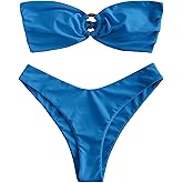 ZAFUL Women's Bandeau Bikini O Ring Strapless Tie Back High Cut Two Piece Swimsuit Bathing Suits