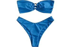 ZAFUL Women's Bandeau Bikini O Ring Strapless Tie Back High Cut Two Piece Swimsuit Bathing Suits