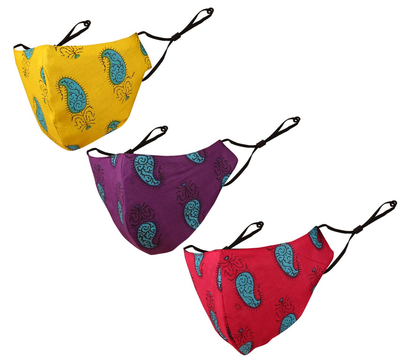 Touchstone Indian Heritage print Adjustable filter pocket 3 layer cotton face mask reusable washable for men, women (Pack of 3). Purple Pink Yellow