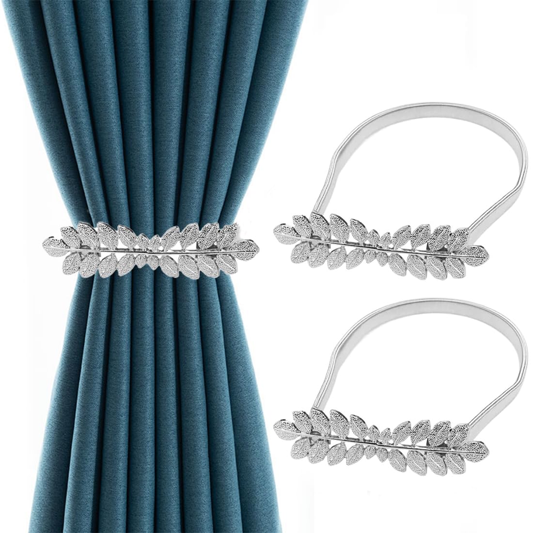 2 Pack Curtain Tie Backs, Metal Leaves Curtain Holdbacks, Adjustable Curtain Straps Curtain Clips, Silver Leaf Curtain Tie Backs, Decorative Curtain Tie Rebate, for Home, Office,Restaurant, Hotel