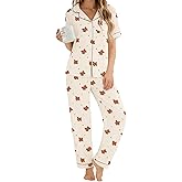 SWOMOG Women's 2 Piece Pajama Sets Shorts Sleeve Pajamas Cute Pj Set Lounge Matching Pjs Button Shirt with Long Pants