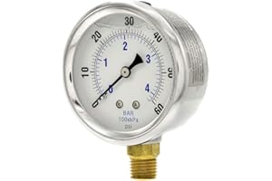 PIC Gauges PRO-201L-254D 0-60 PSI Pressure Gauge, 2 1/2" Dial, 1/4" Male NPT Connection, Bottom Mount, Dual Scale, Glycerin Filled, Stainless Steel Case/Bezel, Brass Internals & Plastic Lens