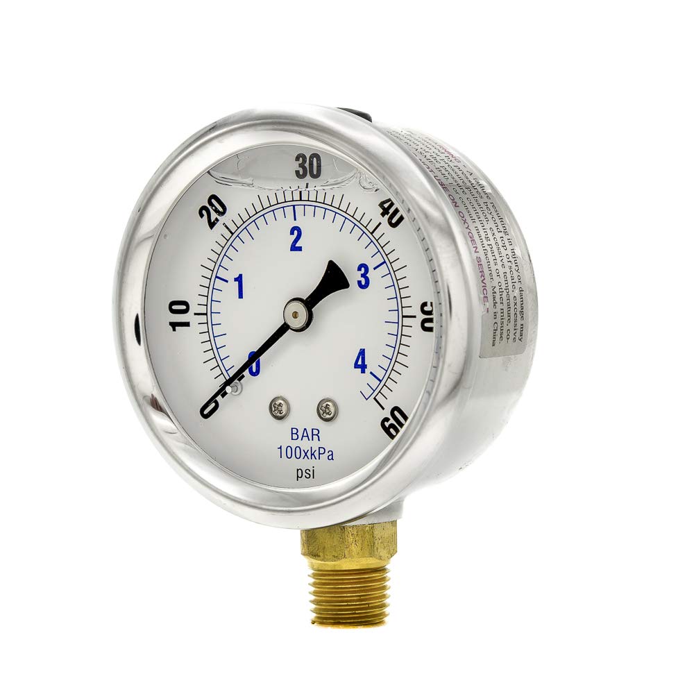 PIC Gauges PRO-201L-254D 0-60 PSI Pressure Gauge, 2 1/2" Dial, 1/4" Male NPT Connection, Bottom Mount, Dual Scale, Glycerin Filled, Stainless Steel Case/Bezel, Brass Internals & Plastic Lens