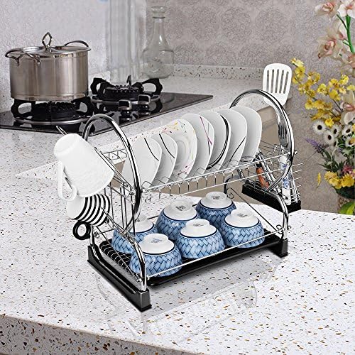 2-Tier Dish Rack and DrainBoard 17" x15 x 10" Kitchen Chrome Cup Dish Drying Rack Tray Cultery Dish Drainer