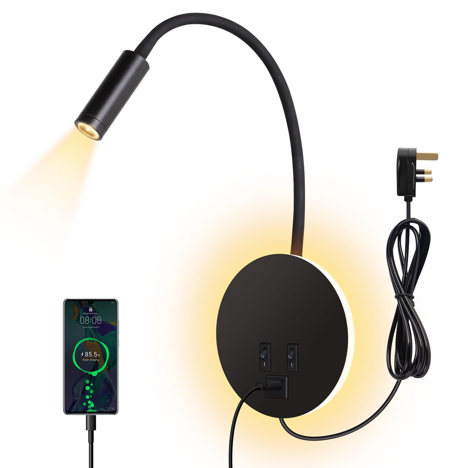 ERWEY Bedside Wall Lamp, LED Reading lamp,Wall Mounted Reading Light 3000K (3W+8W) with Switch and USB Charging, Wall Spotlight 360° swivelling gooseneck with Plug and Cable for Bedroom, Black