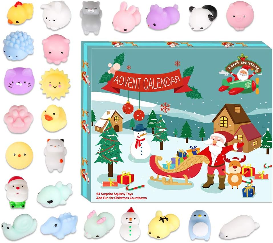 LetsFunny Advent Calendar Squishy Toy 2020 Christmas Countdown Calendar for Girls and Boys Kids Adults 24Pcs Different Mochi Squishy Animals Toys Include Snowman and Santa