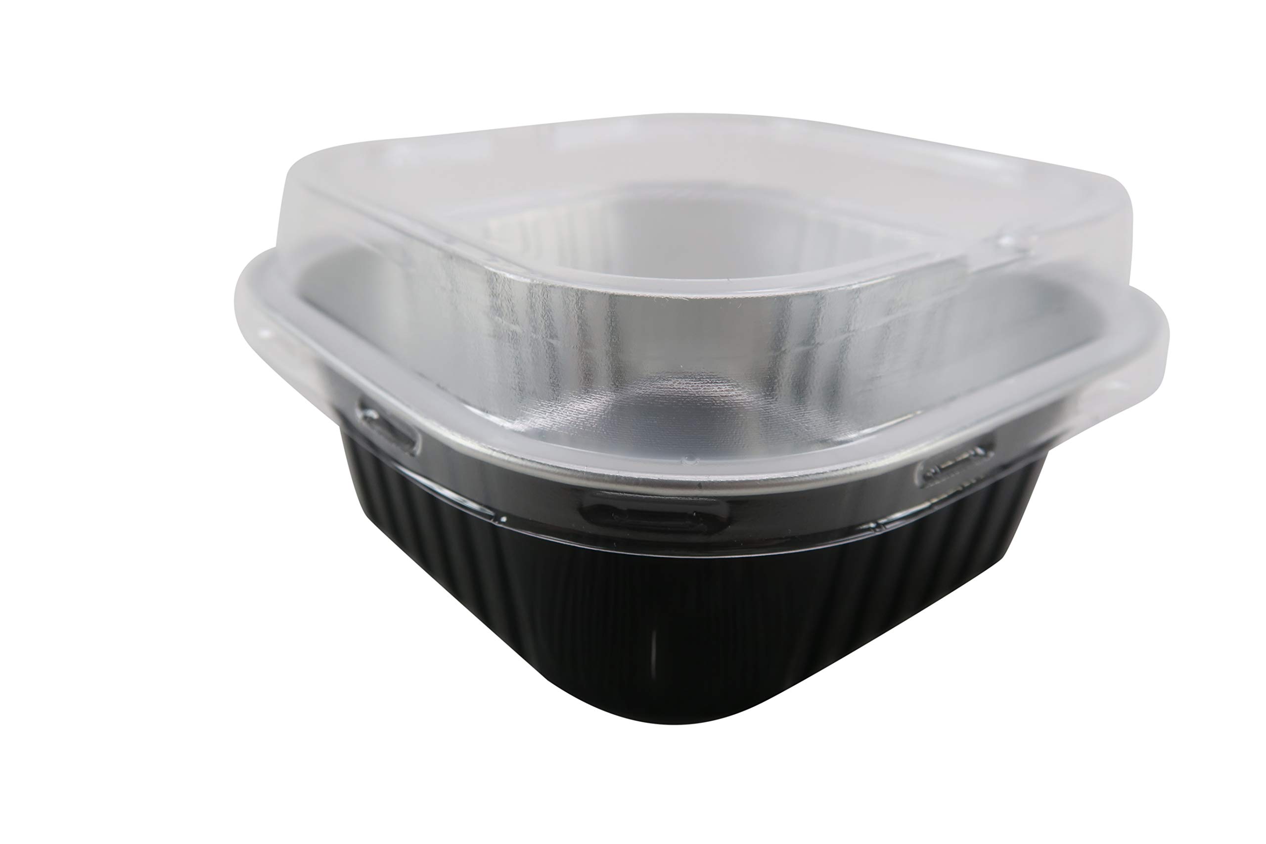 KitchenDance Disposable Foil Cake and Dessert Cup Set with Lid - 4.5 x 4.5" Square Cake Baking Pan for Hotels, Restaurants - Heavy Duty Aluminum Pan for Baking and Preparing Food, A-24P (100, Black)
