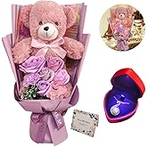 EIGHTOWN Preserved Rose Bouquet Flowers with Teddy Bear - Purple Roses Artificial Flowers with Pearl Necklace for Her - Love Gift Mother's Day,Valentine's Day,Birthday