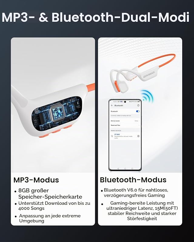 Knochenschall Kopfhörer Schwimmen, IPX8, Bluetooth 6.0, 8 GB MP3