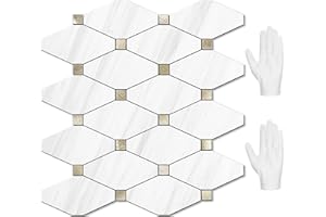 STICKGOO 10 Sheets Peel and Stick Dolomite Mosaic Tile, White Marble Look PVC Mixed Metal Gold Kitchen Backsplash for Firepla