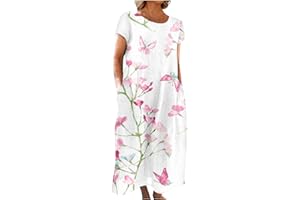 EKVAHL Long Dresses for Women Summer Casual Cotton Short Sleeve Loose Fit Crewneck Tie-dye Floral Maxi Dress with Pockets