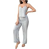 Floerns Women's Plaid Pajama Set Strap Crop tops with Long Pants V Neck Sleepwear