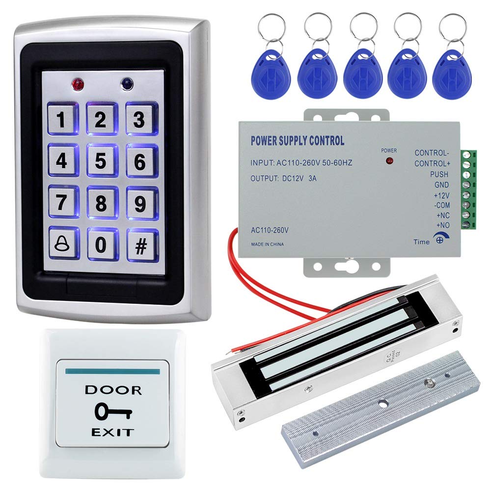 LIBO Full RFID Access Control System Kit Set Metal Controller Keypad 1000 Users, DC 12V Electric Electronic Magnetic Lock 180kg/350lbs NC Mode, with Door Exit Button + 10pcs RFID Cards KeyFobs