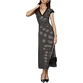 Milumia Women's Polka Dots Cap Sleeve Maxi Dress Elegant Lace Trim V Neck A Line Dresses