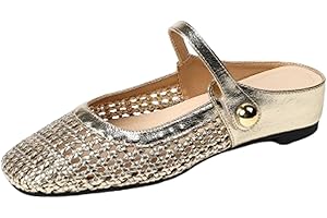 Women's Square Toe Woven Hollow Out Casual Flat Shoes Slip on Mules Mesh Ballet Flat Mary Jane Trendy Backless Closed Toe Sli