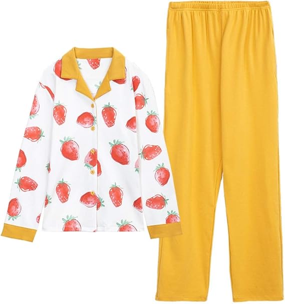 Amazon ルームウェア パジャマ レディース 春秋 いちご柄 長袖 Vネック 前開き 綿100 かわいい 女子力 ゆったり 肌に優しい 柔らか 吸汗 通気 防菌 耐久性 四季適用 部屋着 寝巻き M Xxl イエロー お誕生日 プレゼント パジャマ ルームウェアセット 通販