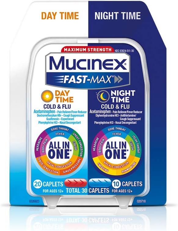 Mucinex Fast-Max Day Time Cold & Flu/Night Time Cold & Flu Caplets. Maximum Strength &ndash; 30 caplets &ndash; All in One Multi Symptom Relief