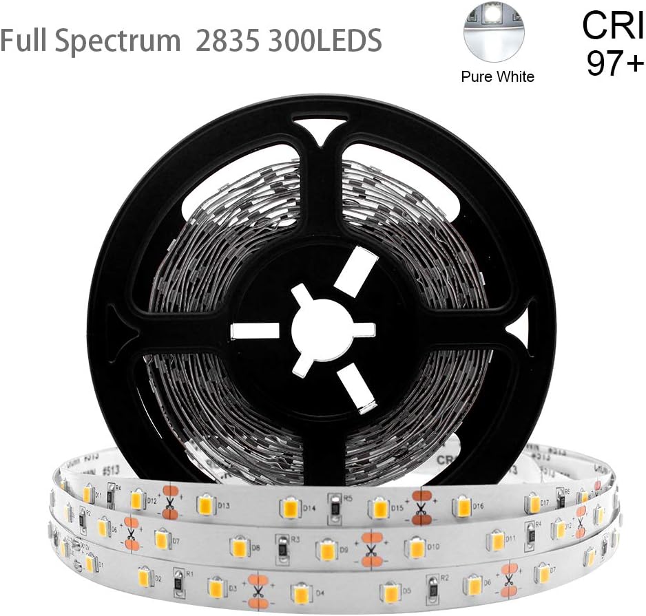 LightingWill Advanced Full Spectrum CRI97 LED Strip Light, Natural Sunlike Spectrum, SMD 2835 300LEDs 16.4Ft/5M Daylight White 5000K-6000K DC12V 60W, Non-Waterproof