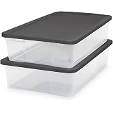 HOMZ Clear Plastic Storage Bins w/Snaplock Lids, 28 Qt, Gray, 2 Pack | Stackable Container Boxes for Bedroom, Bathroom, Garage, and Office Organization