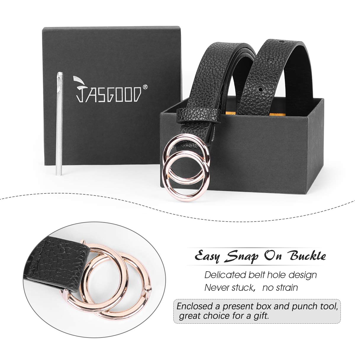 Women\'s Leather Skinny Belts for Dress Jeans Pants Fashion Soft Leather Waist Belts with Double O-Ring Buckle