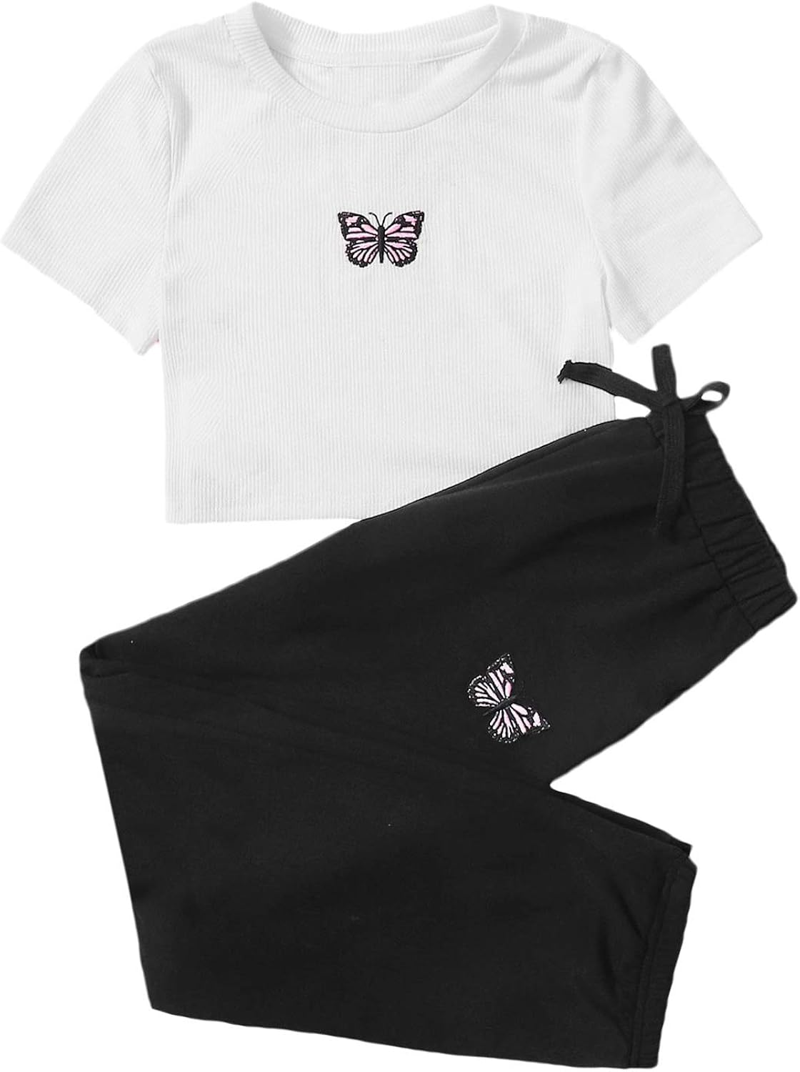 SOLY HUX Girl's 2 Piece Outfits Butterfly Embroidered Crop Top and Pants Set: Clothing