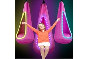AIHSUMC Upgrade Light Up Sensory Swing for Kids, Max 260Lbs Pod Swing Seat with LED Strip Lights and Inflatable Cushion, Hanging Hammock Chair for Outdoor and Indoor（Pink）