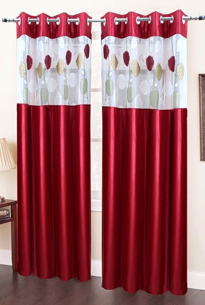 Homefab India RusselNet Modern 2 Piece Eyelet Polyester Door Curtain Set - 7ft, Maroon