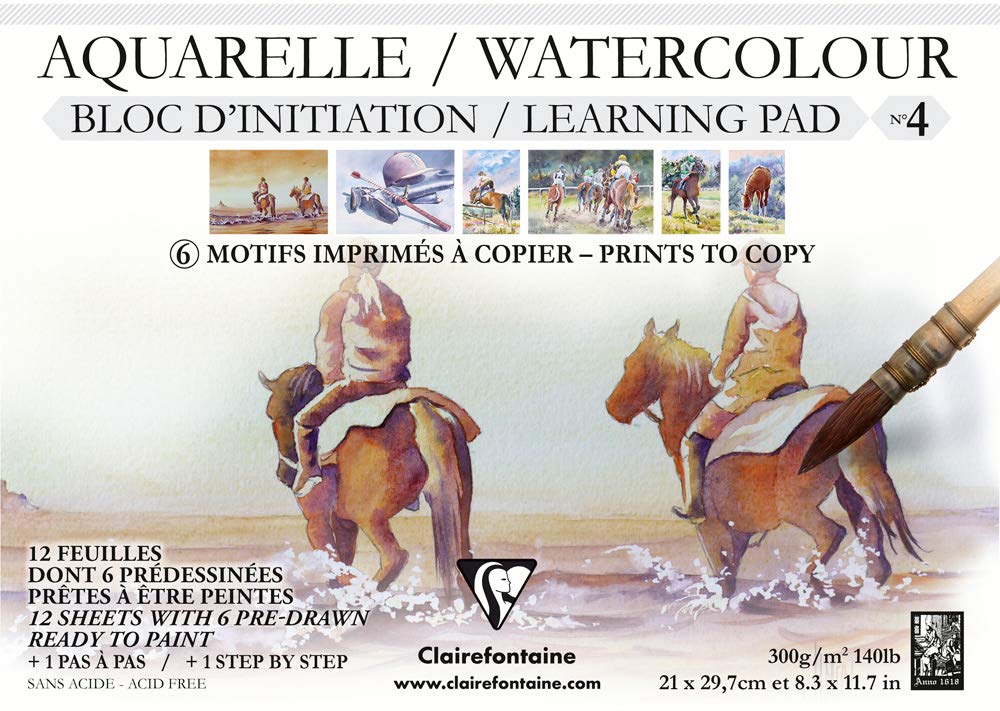 Clairefontaine - Ref 975148C - Initiation No4 Watercolour Glued Pad (12 Sheets) - A4 (210 x 297mm) in Size, 300gsm Etival Watercolour Paper - Suitabler for Learners
