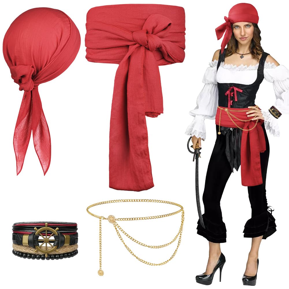 Alaoo 4 Pcs Pirate Costume Accessories Sets, Pirate Captain Accessories with Bandana Sash Belt, Medieval Renaissance Corsair Costume for Halloween Corsair Party,Red โ image 1