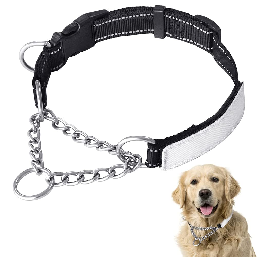 DYD Martingale dog collars with name plate, reflective nylon collar and stainless steel chain on the side, adjustable training collars