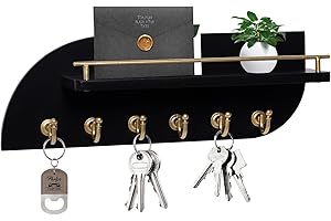 Karisky Key Holder for Wall, Wood Wall Mounted Key Rack with 6 Sturdy Metal Hooks for Bags, Coats, Umbrella, 14 Inches Mail Organizer for Home Entryway Decor, Black and Gold