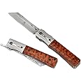 KATSU Handmade Damascus Steel Japanese Razor Pocket Folding Knife with Snake Wood Handle and Damascus Bolster
