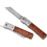 KATSU Handmade Damascus Steel Japanese Razor Pocket Folding Knife with Snake Wood Handle and Damascus Bolster