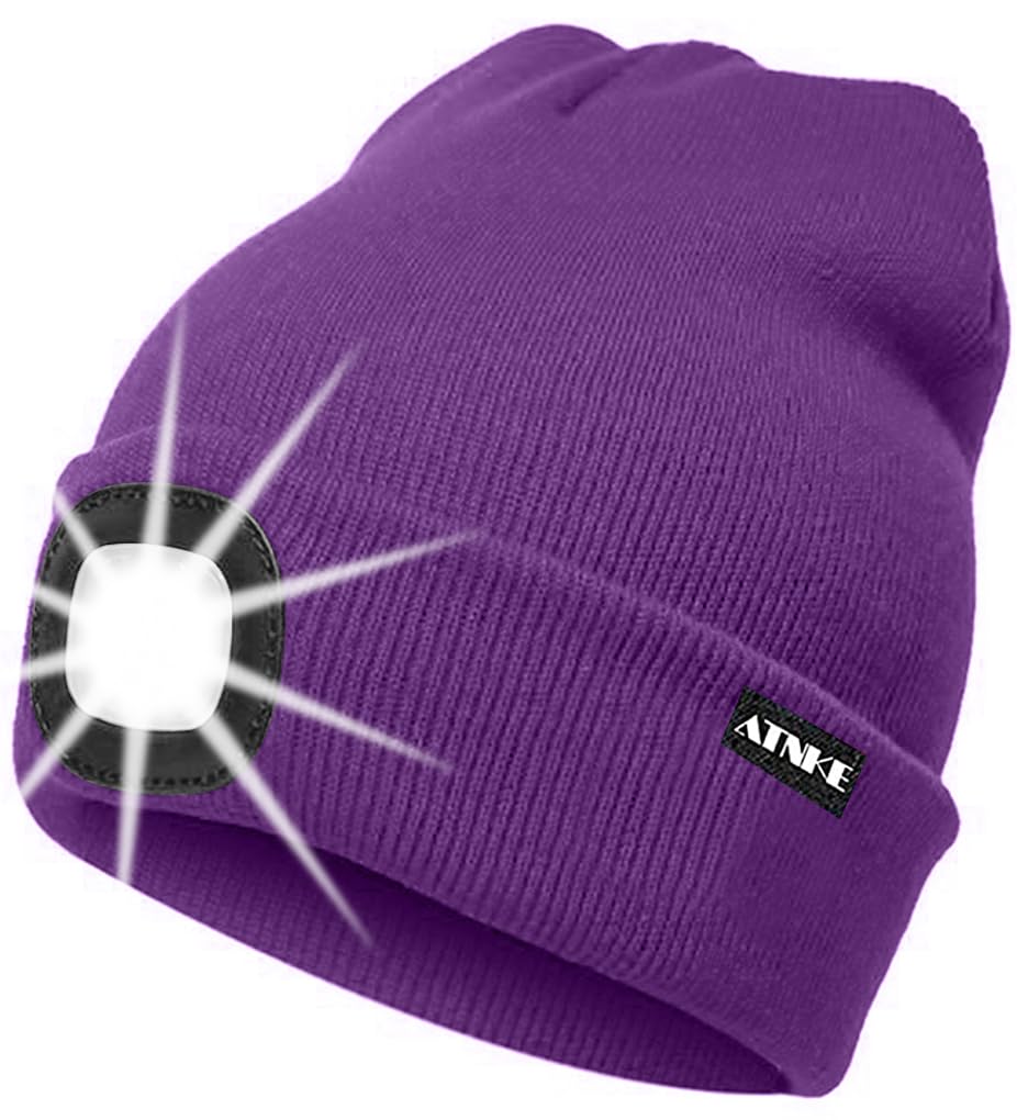 ATNKE LED Lighted Beanie Cap,USB Rechargeable Running Hat Ultra Bright 4 LED Waterproof Light Winter Warm Gifts for Men and Women/Inner Purple