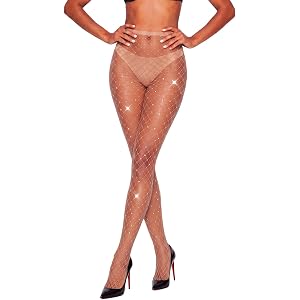 ZINTEDI Rhinestone Fishnet Stockings for Women, High Waist Medium Large Mesh Sparkly Fishnet Tights Glitter