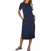 ANRABESS Womens Summer Casual Midi Dress Short Sleeve Crewneck T Shirt Long Dresses Split Stripe Beach Vacation Travel Outfit