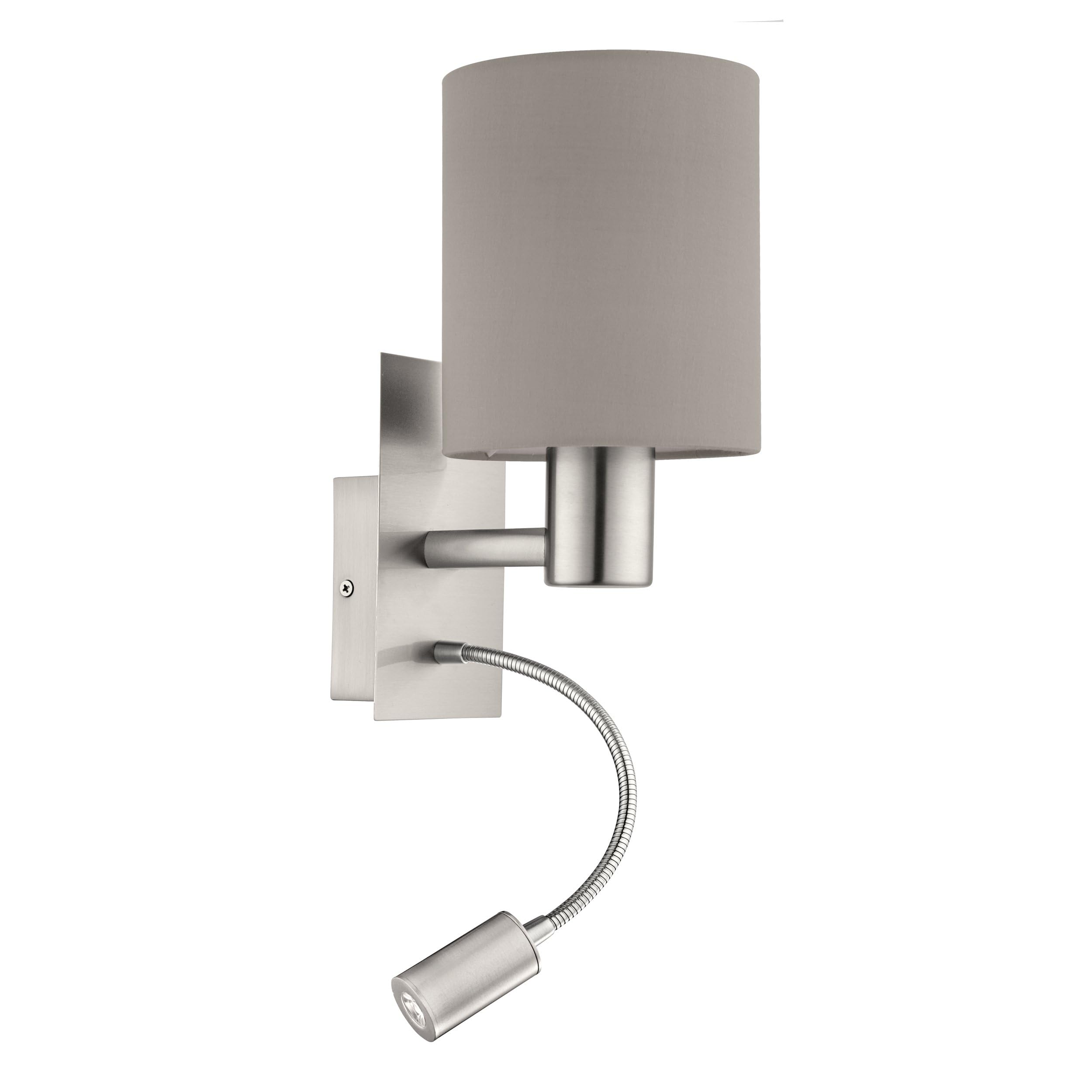 Eglo Pasteri 2-Bulb LED Fabric Wall Lamp, Steel and Fabric Bedside Light Coloured in Nickel Matt and Taupe, E27 Socket, incl. Switch and Flexible Reading Light