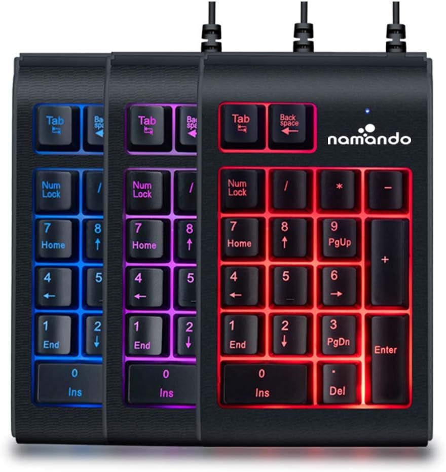 Numeric Keypad,Namando 3 Colors Back-lit USB Wired Number Key Pad, Portable Slim Mini Number Pad for Laptop Desktop Computer PC,Full Size 19 Clear Key - Black