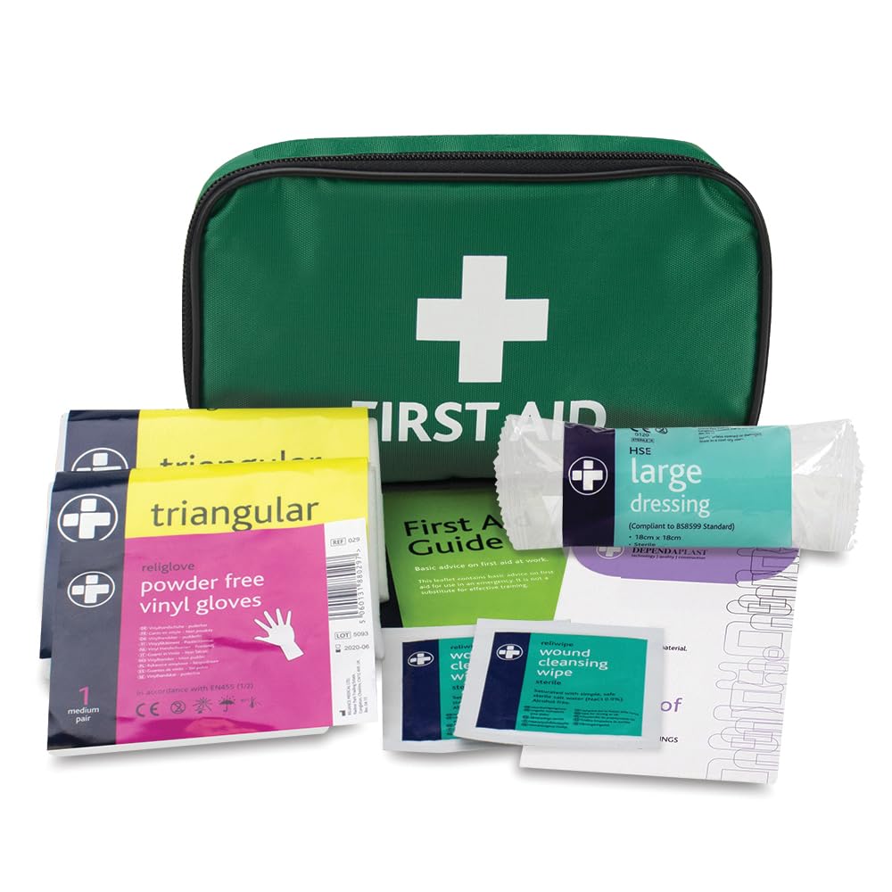 RELIANCE MEDICAL HSE 1 Person First Aid Kit in Small Green Pouch for Home Car Holiday and Workplace - Essentials for Everyday Situations