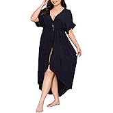 IN'VOLAND Women Plus Size Long Cover up Stripe Bikini Coverups Kimono Tie Front Bathing Suit Swimsuit Beachwear