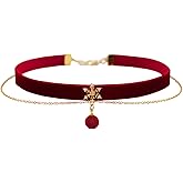 MOMOCAT 14K Gold Plated Snowflake Red Velvet Ball Pendant Double Layered Choker Necklace for Women 90s Chokers Cute Goth Chocker Costume Chockers Holiday Accessories