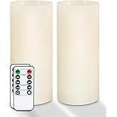 Homemory 9" x 3" Flameless Candles Battery Operated, Flickering LED Pillar Candles with Timers and 2 Remote Controls, Indoor Only, Flat Top, Ivory White Wax, Set of 2