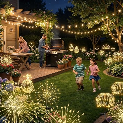 Solar Lights 120 LED Outdoor Garden Decoration, Solar Fireworks Lamps, Warm White, Waterproof Decorative Solar Light for Night Patio Balcony Sidewalks Pathway Landscape, 2 Pieces