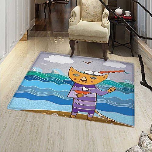 Cat Dining Room Home Bedroom Carpet Floor Mat Sailor Feline on Shore Holding a Boat on a Wavy Ocean Background Bird Silhouettes Non Slip Rug 5'x6' Multicolor