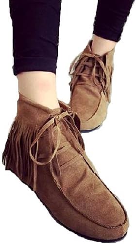 Amazon World Factory スエード モカシン ショートブーツ おしゃれ フリンジ レースアップ フラット アンクルブーツ 秋冬 レディース靴 ベージュ 40 ブーツ ブーティ