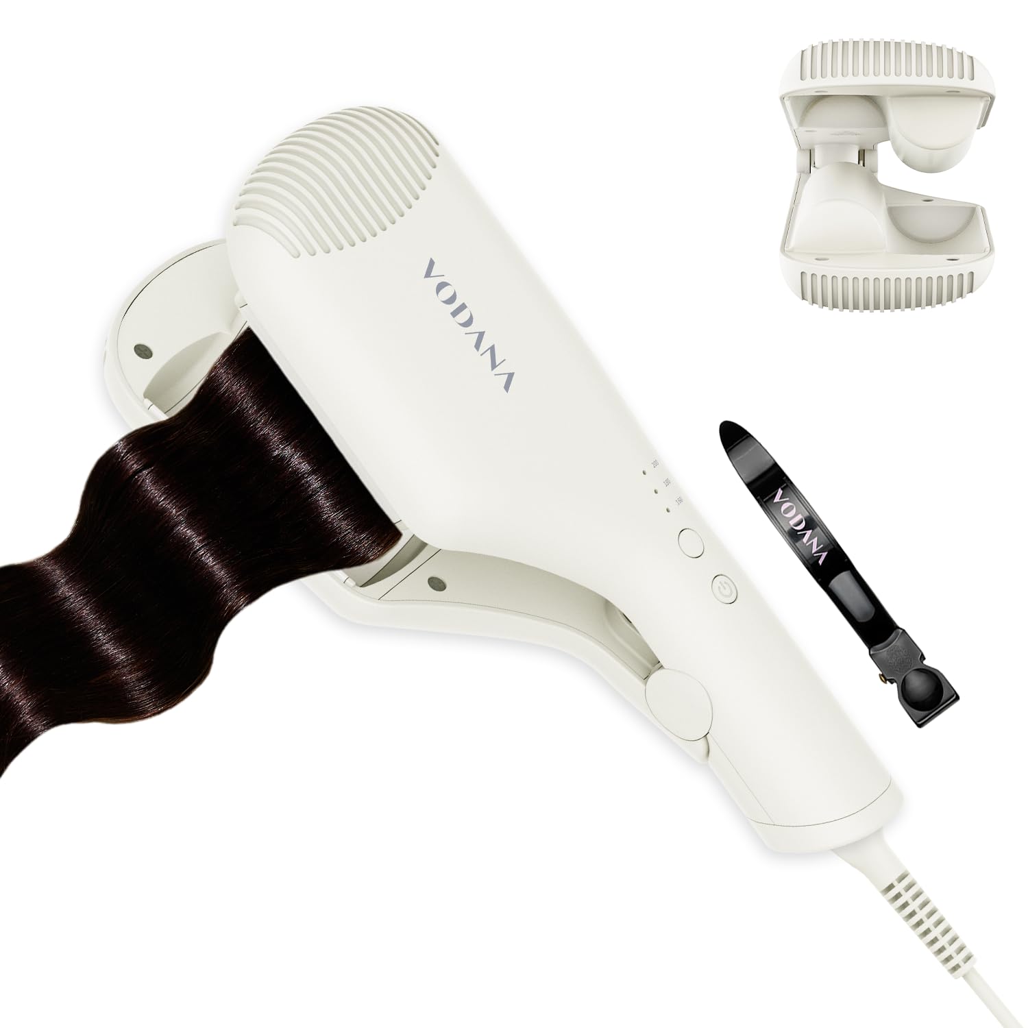 Photo 1 of VODANA Compact Triple Flow Hair Waver - Portable Ceramic Curling Iron, Long-Lasting Beach Waves, Fast Heat-Up Double Barrel (1.5 inch, Ivory)