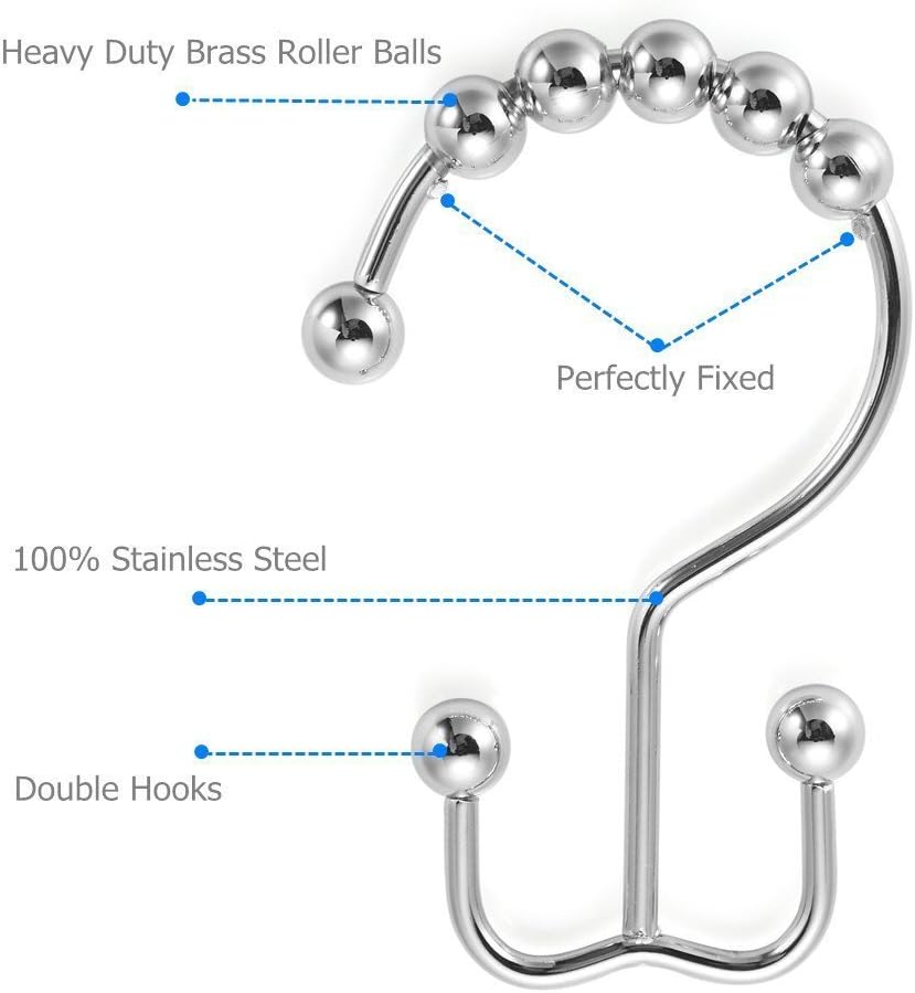 Amazer Shower Curtain Hooks Rings, Stainless Steel Shower Curtain Rings Metal Double Glide Shower Hooks for Bathroom Shower Rods Curtains, Polished Chrome, Set of 12 Hooks: Home & Kitchen