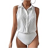 MAKEMECHIC Women's Dressy Bodysuit Shirt Collared Swiss Dots Sleeveless Button Down Tank Tops